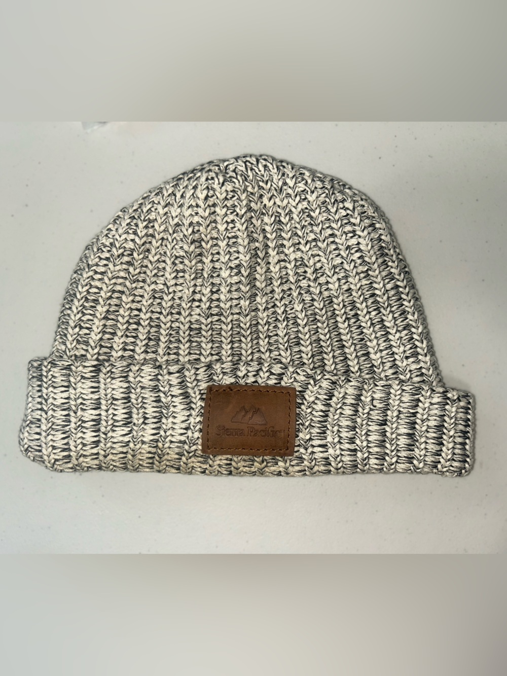 Marled Gray & Cream Knit Beanie with Leather Patch